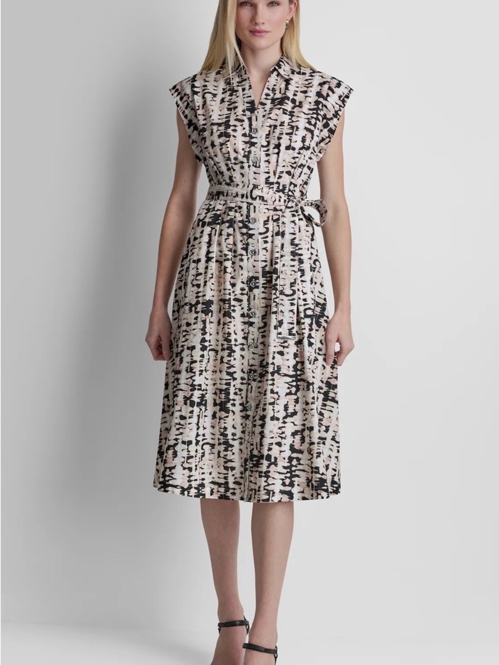 DKNY Black and Beige Abstract Print Midi Dress